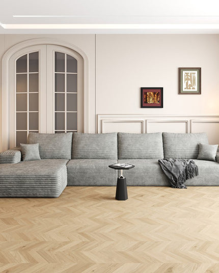 135" Gray Corduroy Modular Compression Foam Sofa With Toss Pillows