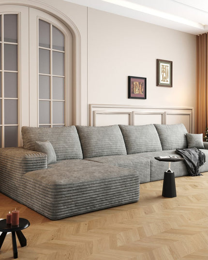 135" Gray Corduroy Modular Compression Foam Sofa With Toss Pillows