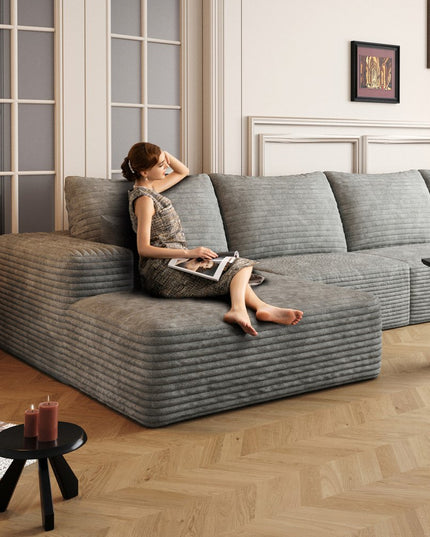 135" Gray Corduroy Modular Compression Foam Sofa With Toss Pillows