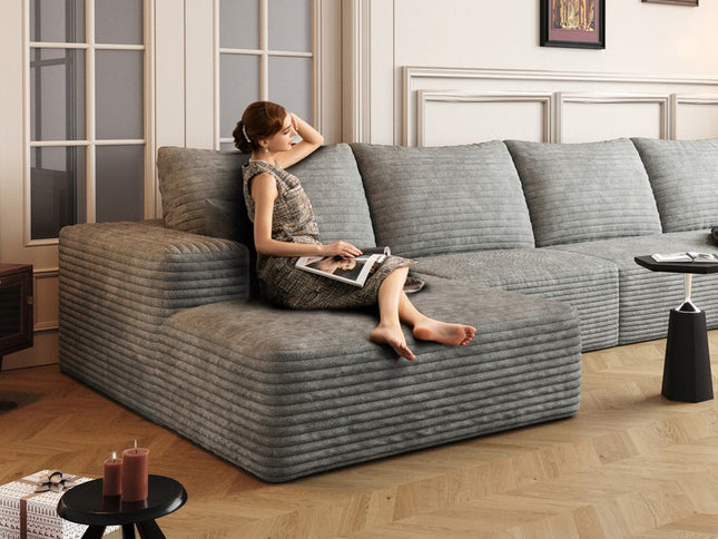 135" Gray Corduroy Modular Compression Foam Sofa With Toss Pillows
