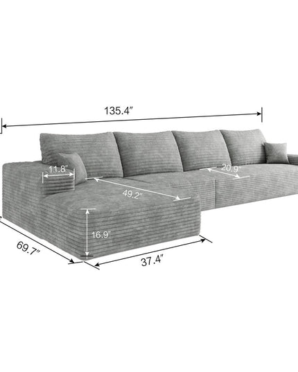 135" Gray Corduroy Modular Compression Foam Sofa With Toss Pillows