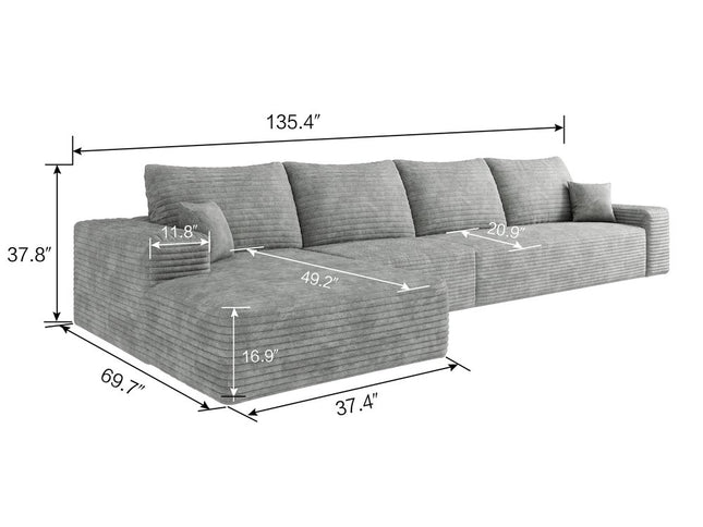 135" Gray Corduroy Modular Compression Foam Sofa With Toss Pillows