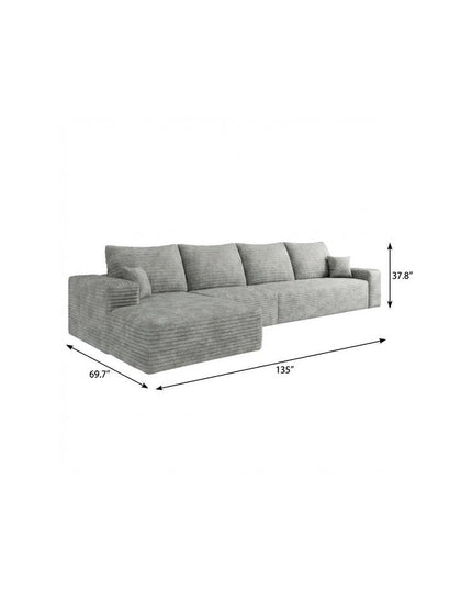 135" Gray Corduroy Modular Compression Foam Sofa With Toss Pillows
