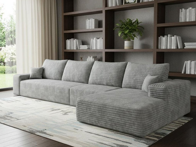 135" Gray Corduroy Modular Compression Foam Sofa With Toss Pillows
