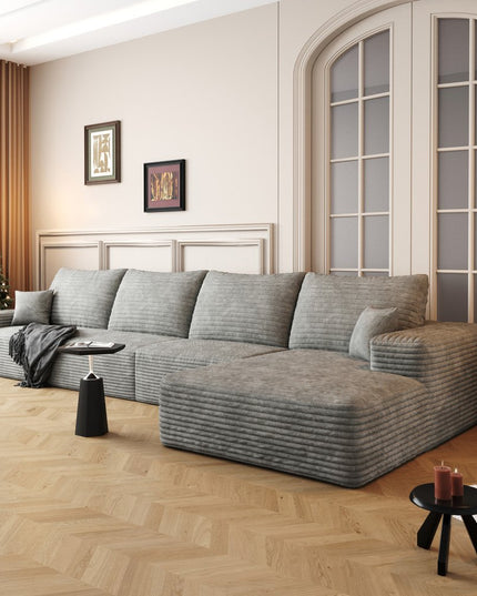 135" Gray Corduroy Modular Compression Foam Sofa With Toss Pillows