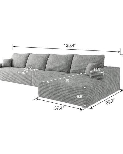 135" Gray Corduroy Modular Compression Foam Sofa With Toss Pillows
