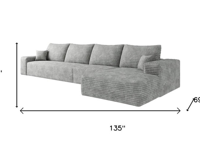 135" Gray Corduroy Modular Compression Foam Sofa With Toss Pillows