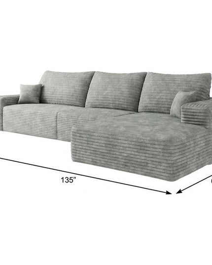 135" Gray Corduroy Modular Compression Foam Sofa With Toss Pillows
