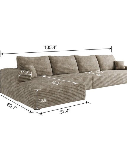 135" Camel Corduroy Modular Compression Foam Sofa With Toss Pillows