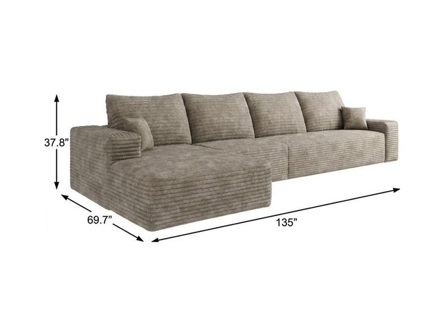 135" Camel Corduroy Modular Compression Foam Sofa With Toss Pillows