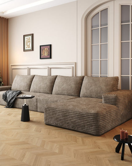 135" Camel Corduroy Modular Compression Foam Sofa With Toss Pillows
