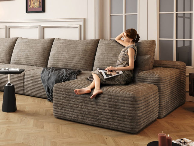 135" Camel Corduroy Modular Compression Foam Sofa With Toss Pillows