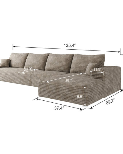 135" Camel Corduroy Modular Compression Foam Sofa With Toss Pillows