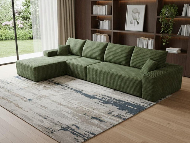 135" Green Corduroy Modular Compression Foam Sofa With Toss Pillows