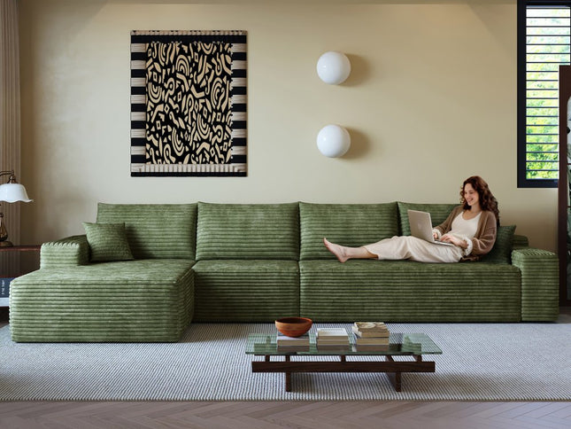 135" Green Corduroy Modular Compression Foam Sofa With Toss Pillows