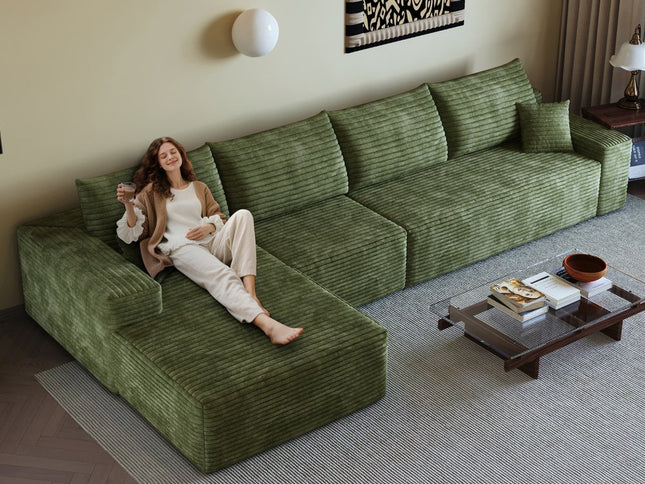 135" Green Corduroy Modular Compression Foam Sofa With Toss Pillows