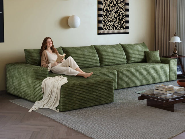 135" Green Corduroy Modular Compression Foam Sofa With Toss Pillows
