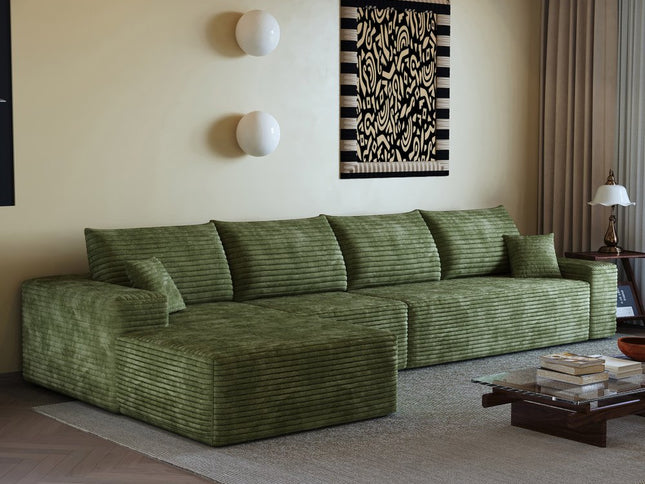 135" Green Corduroy Modular Compression Foam Sofa With Toss Pillows