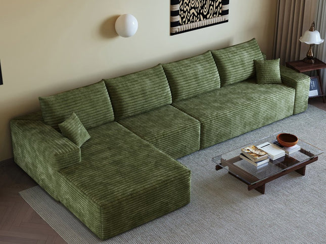 135" Green Corduroy Modular Compression Foam Sofa With Toss Pillows
