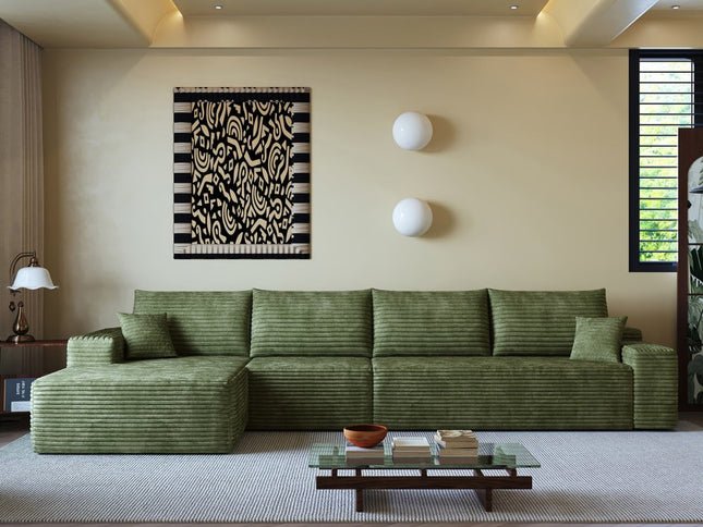 135" Green Corduroy Modular Compression Foam Sofa With Toss Pillows