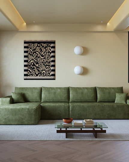 135" Green Corduroy Modular Compression Foam Sofa With Toss Pillows