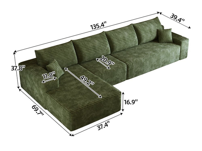 135" Green Corduroy Modular Compression Foam Sofa With Toss Pillows