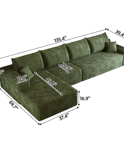 135" Green Corduroy Modular Compression Foam Sofa With Toss Pillows