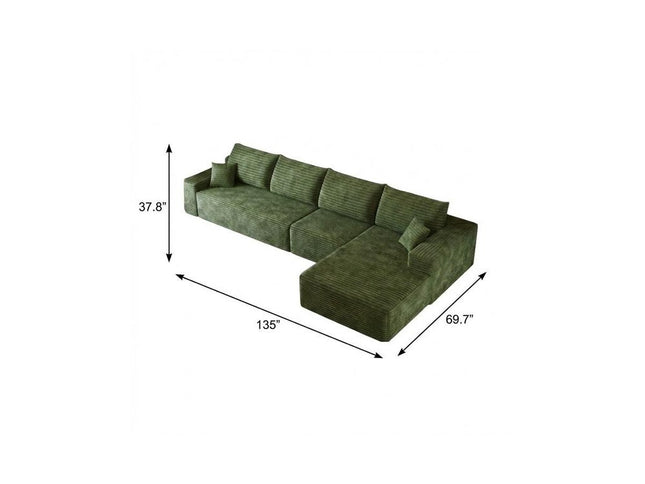 135" Green Corduroy Modular Compression Foam Sofa With Toss Pillows