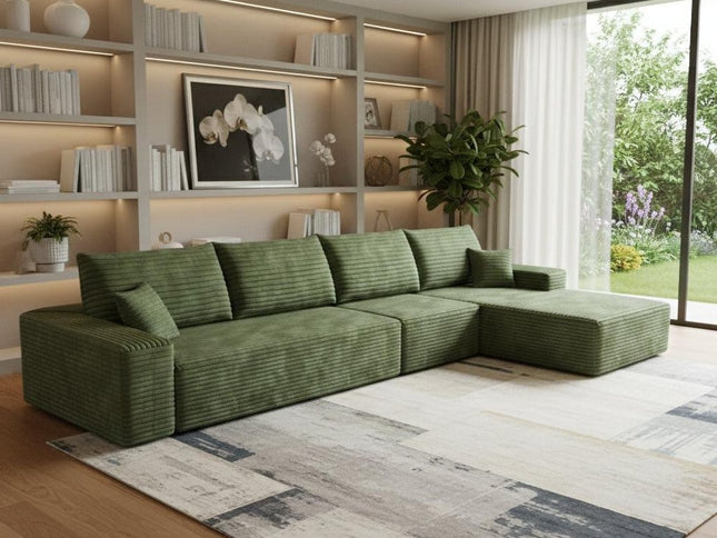 135" Green Corduroy Modular Compression Foam Sofa With Toss Pillows