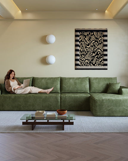 135" Green Corduroy Modular Compression Foam Sofa With Toss Pillows