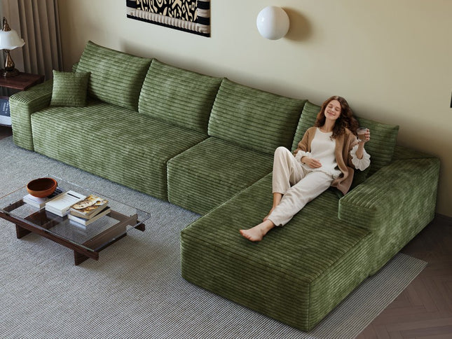 135" Green Corduroy Modular Compression Foam Sofa With Toss Pillows