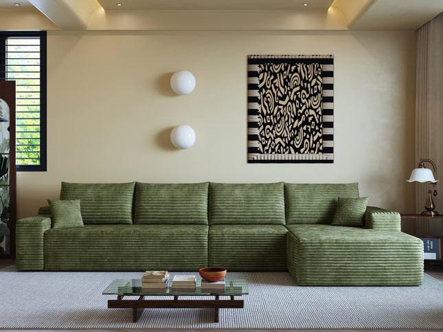 135" Green Corduroy Modular Compression Foam Sofa With Toss Pillows