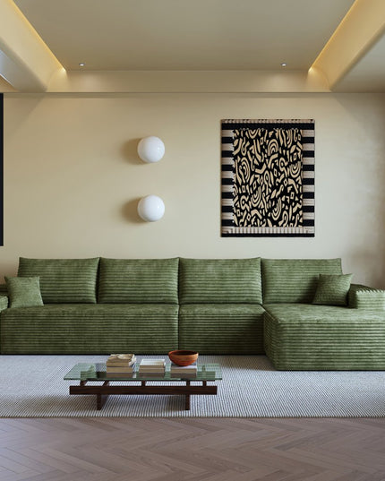 135" Green Corduroy Modular Compression Foam Sofa With Toss Pillows