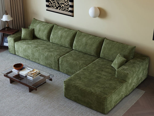 135" Green Corduroy Modular Compression Foam Sofa With Toss Pillows