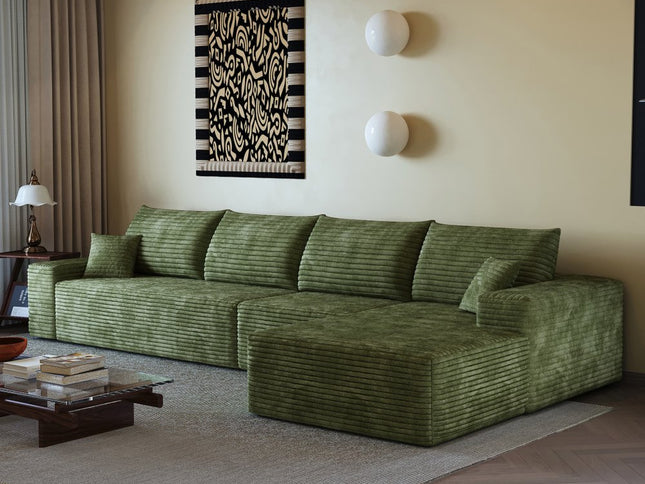 135" Green Corduroy Modular Compression Foam Sofa With Toss Pillows