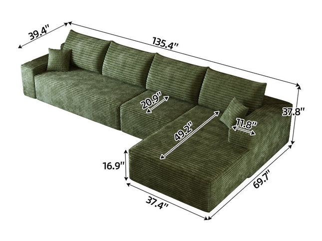 135" Green Corduroy Modular Compression Foam Sofa With Toss Pillows