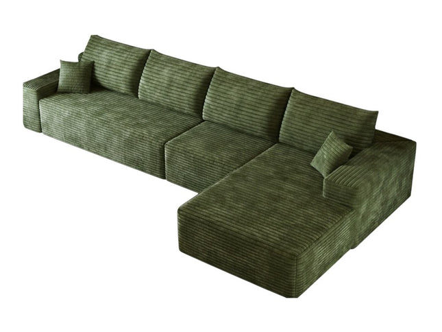 135" Green Corduroy Modular Compression Foam Sofa With Toss Pillows