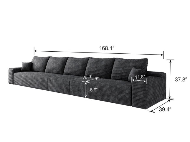 168" Black Corduroy Modular Compression Foam Sofa With Toss Pillows