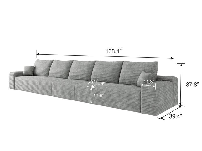168" Gray Corduroy Modular Compression Foam Sofa With Toss Pillows