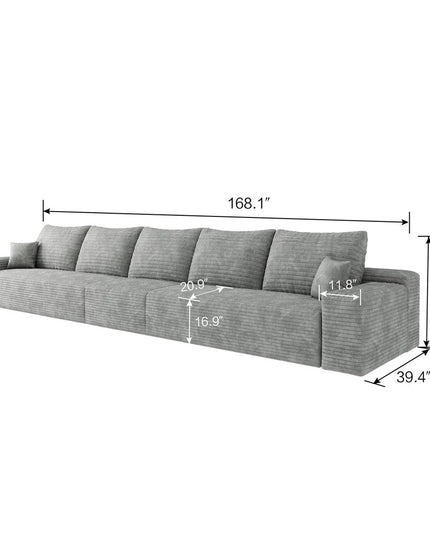 168" Gray Corduroy Modular Compression Foam Sofa With Toss Pillows