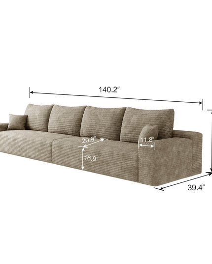 140" Camel Corduroy Modular Compression Foam Sofa With Toss Pillows
