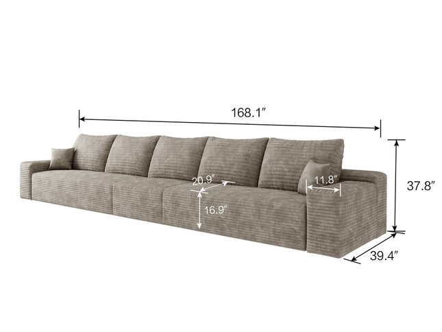 168" Camel Corduroy Modular Compression Foam Sofa With Toss Pillows