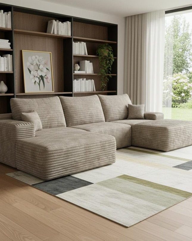 107" Camel Corduroy Modular Compression Foam Sofa With Ottoman And Toss Pillows