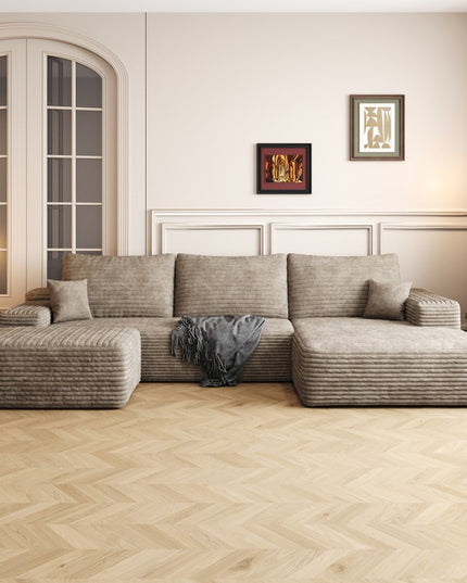 107" Camel Corduroy Modular Compression Foam Sofa With Ottoman And Toss Pillows