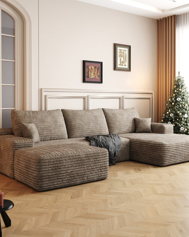 107" Camel Corduroy Modular Compression Foam Sofa With Ottoman And Toss Pillows