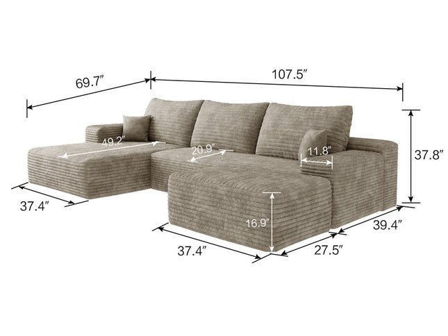 107" Camel Corduroy Modular Compression Foam Sofa With Ottoman And Toss Pillows