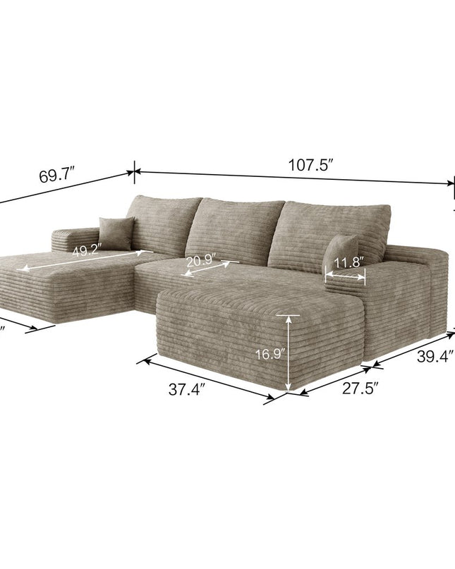 107" Camel Corduroy Modular Compression Foam Sofa With Ottoman And Toss Pillows