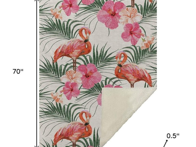 50" X 70" Pink Ivory And Olive Green Animal Print Polyester Woven Plush Throw Blanket