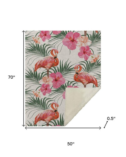 50" X 70" Pink Ivory And Olive Green Animal Print Polyester Woven Plush Throw Blanket