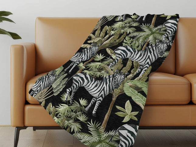 50" X 70" Midnight Ivory And Olive Green Animal Print Polyester Woven Plush Throw Blanket